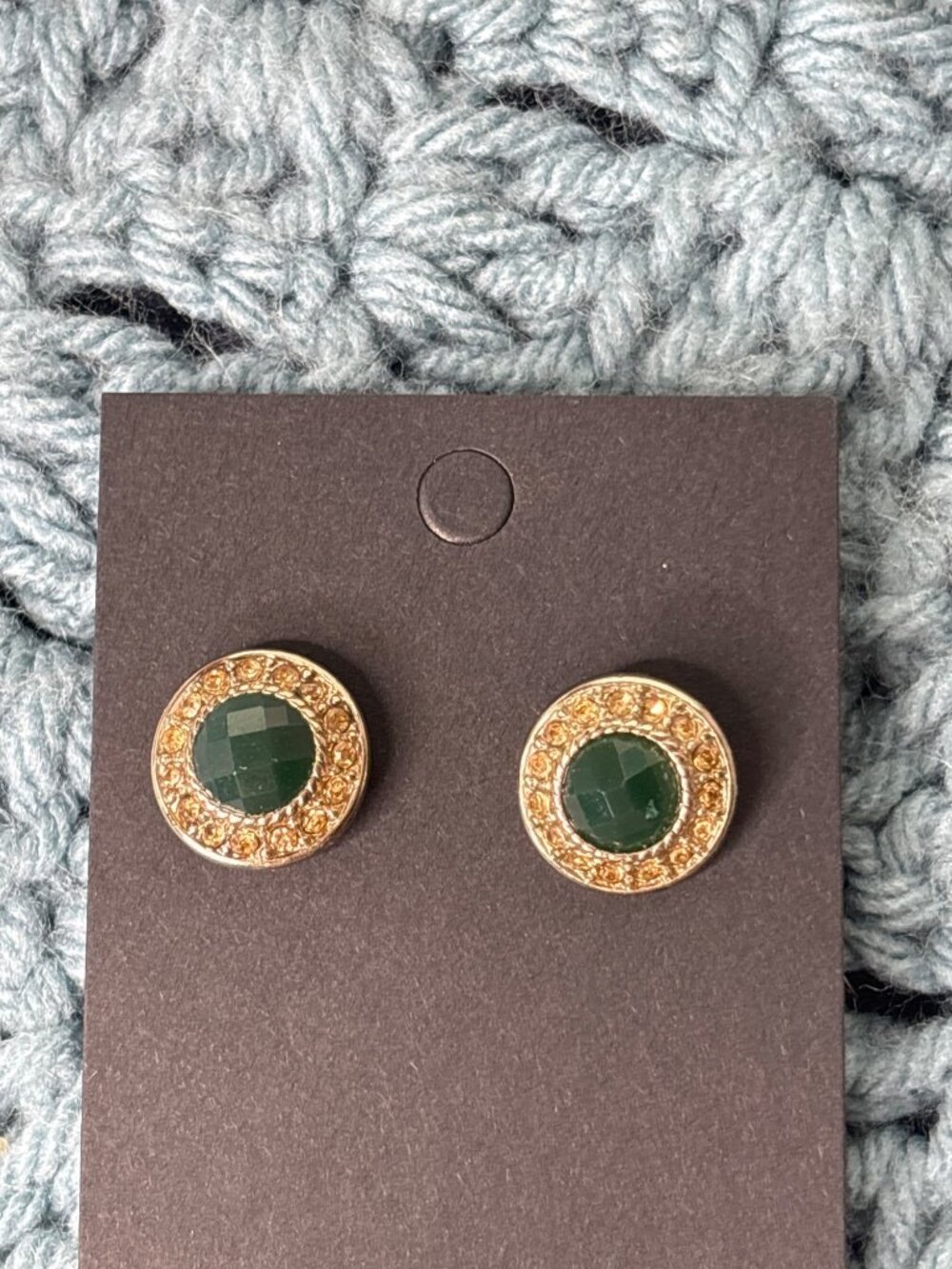 Circle Stud Earrings Goldtone Green Yellow Rhinestone Halo 5/8 inch - Picture 2 of 5